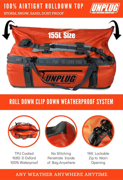 UNPLUG Ultimate Adventure Bag | 1680D Heavy Duty Waterproof Bag | Large Travel Duffle Bag which can be Used for Camping, Motorcycling, Boating, or Hunting (65L Adventure Orange)