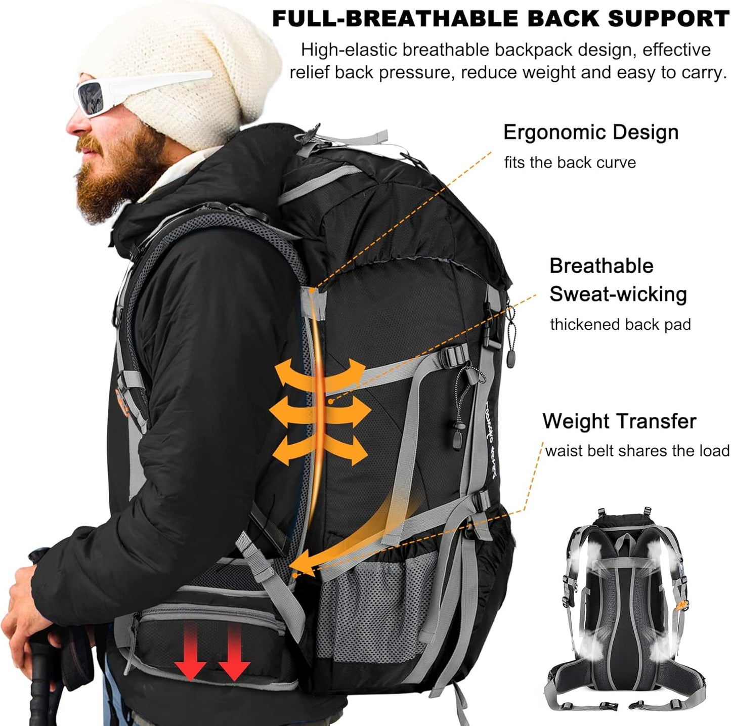 Loowoko 50L Hiking Backpack, Waterproof Camping Essentials Bag with Rain Cover, 45+5 Liter Lightweight Backpacking Back Pack