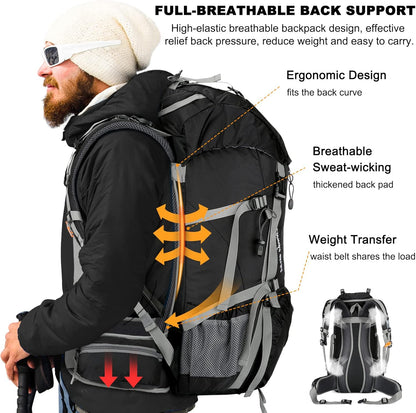 Loowoko 50L Hiking Backpack, Waterproof Camping Essentials Bag with Rain Cover, 45+5 Liter Lightweight Backpacking Back Pack