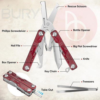 BIBURY Mini Keychain Multitool Scissors BI2061R, 9 in 1 Multitool EDC Scissors with Screwdriver, Bottle Opener, Pocket Knife, Spring -Mini Multi Tool for Outdoor, Daily Use, Gifts for Men and Women