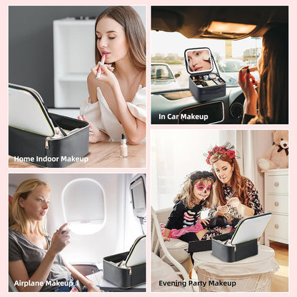 Travel Makeup Bag with LED Mirror – Waterproof Cosmetic Train Case with Adjustable Dividers, Portable Makeup Organizer and Toiletry Bag for Women, Pink Teens & Girls Gift