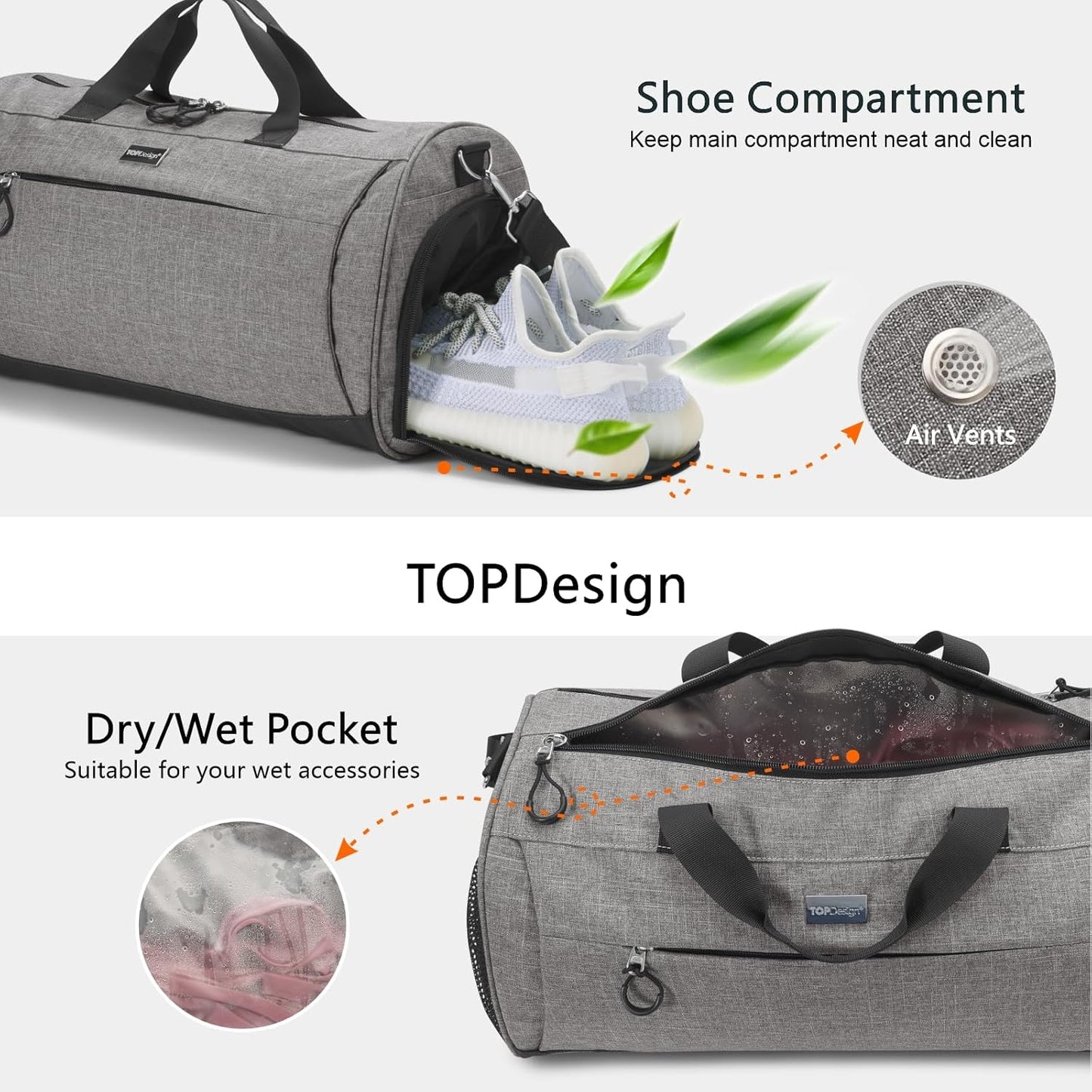 TOPDesign Gym Bag for Women & Men, Unisex Duffel Bag with Shoe Compartment & Wet Pocket for Travel Sports Gym (L Textured Grey)