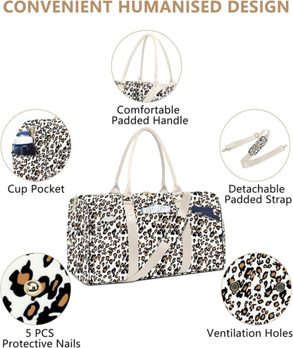 Women Duffle Weekender Travel Bag: Large Duffel Bags with Shoe Compartment Carry On Overnight Tote Bag with Wet Pocket Toiletry Bag Traveling Weekend Gym Yoga Hospital Bags for Womens Leopard