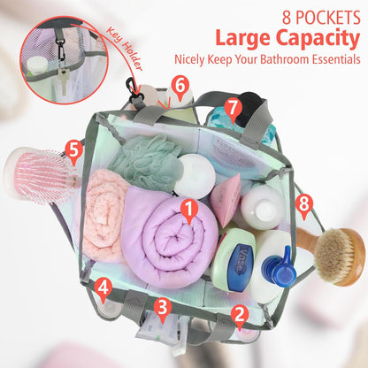 F-color Mesh Shower Caddy Portable, Upgrade Deeper 7 Pockets Shower Bag Basket Tote for College Dorm Room Toiletry Bathroom Essentials Gym Camp Quick Dry 2 handles with S Hook, White