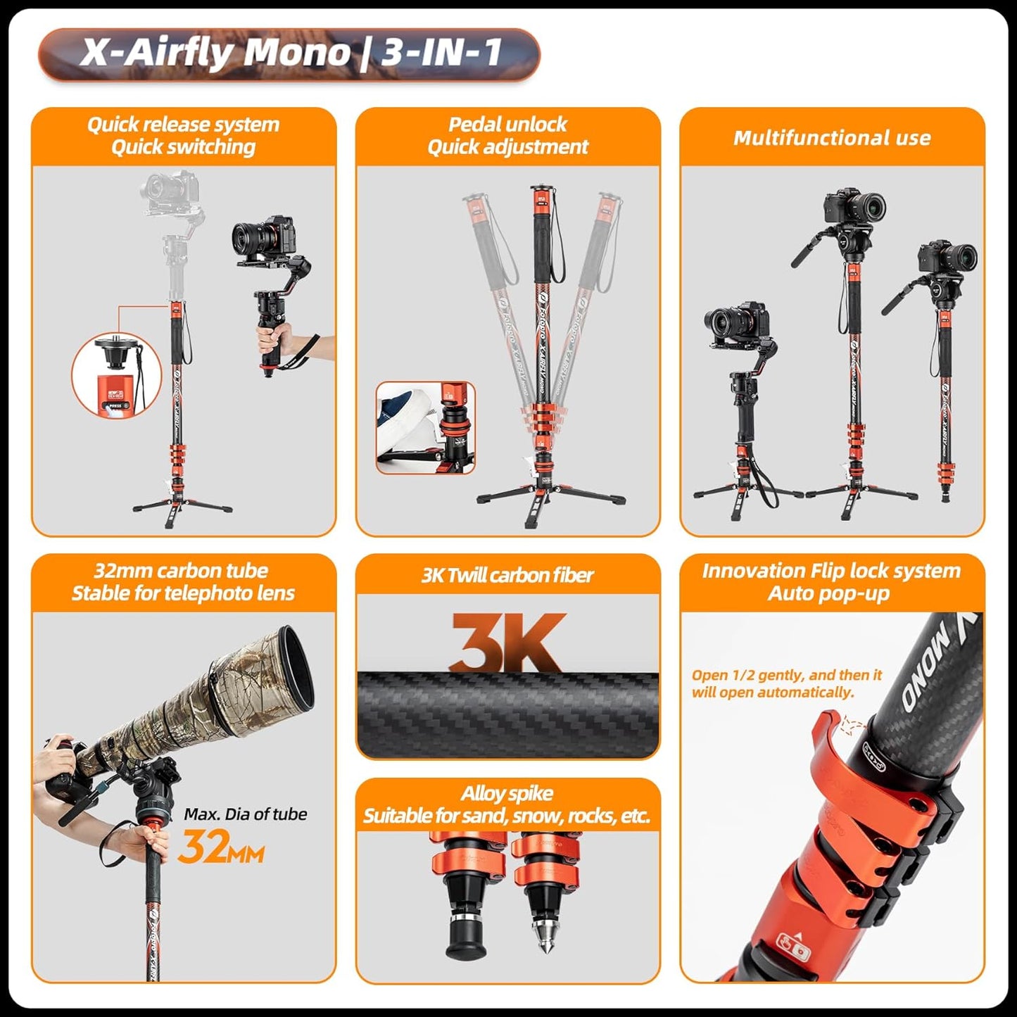 Fotopro Carbon Fiber 3-in-1 Monopod, 73" Travel Monopod with Feet, Max Load 22lbs for DSLR Camera Stabilizer, X-Airfly Mono Grey