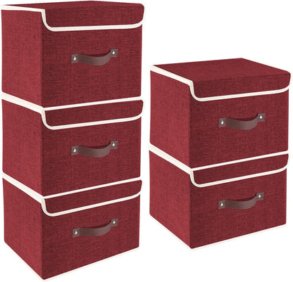 TYEERS Foldable Storage Boxes with Lids 5 Pack Fabric Storage Bins with Lids, Closet Organizers for Clothes Storage, Room Organization, Office Storage, Toys - Red Wine