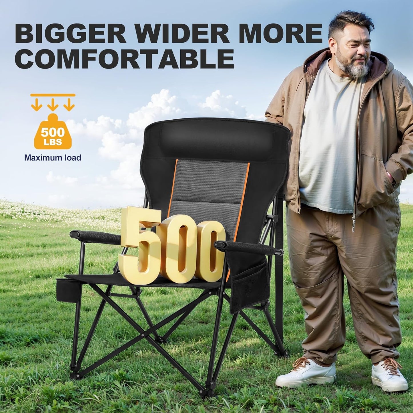 LET'S CAMP Oversized Camping Chairs 29.52" High Back Heavy Duty Lawn Chair Support 500LBS, Portable Collapsible Chair with Cup Holder, Side Pocket,2 Pack(Black)
