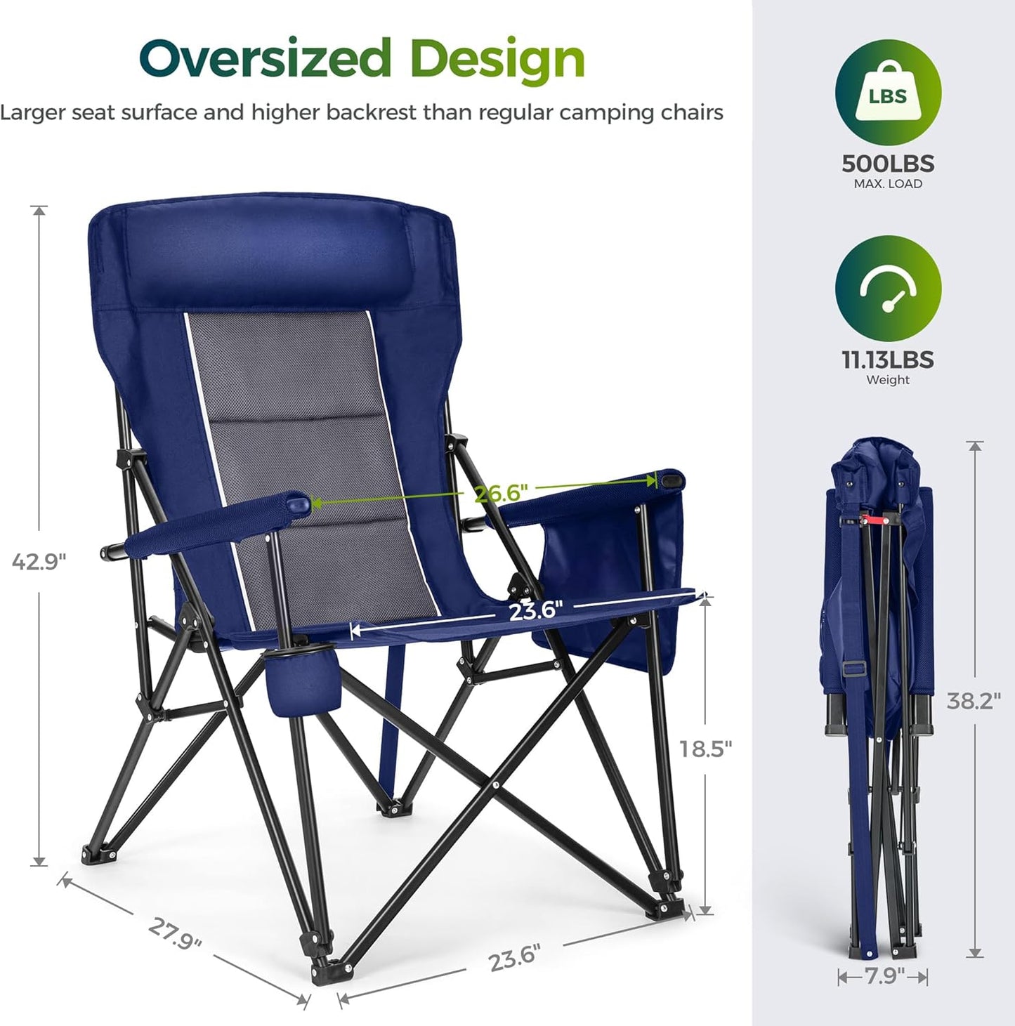 ALPHA CAMP Oversized Folding Camping Chairs High Backrest Heavy Duty Lawn Chairs for Adults Support 500 LBS Portable Camp Chairs with Cup Holders Large Side Pocket for Outdoor