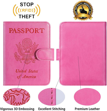 Passport Holder With Luggage Tag Cover Wallet RFID Blocking Leather Case Travel Essentials Accessories Travel Must Have(114#Pink)