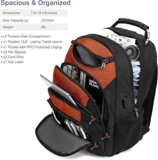 Boavan Laptop Backpack for men, 15.6 inch Laptop Bag with USB Port, Waterproof Travel Work Backpack Purse, Anti-Theft Teacher Nurse Doctor Casual Bookbags Office Business backpack，Deep Orange Black