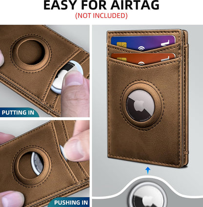 Airtag Wallet for Men- with Money Clip Gift Boxed, Magnetic Closure Slim Genuine Leather Front Pocket Wallet, 4.1"x 2.8", RFID Blocking
