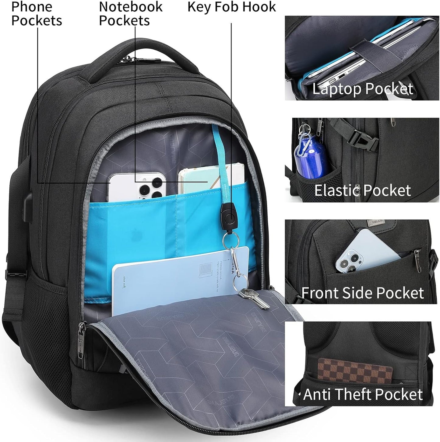 DUSLANG Anti-Theft Laptop Backpack, Black, 15.6-14-13 Inch Laptop Sleeve, USB Charging Port