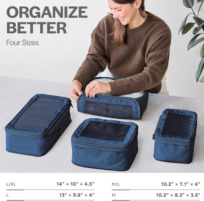 Aerotrunk Compression Packing Cubes for Travel - Luggage Organizer Bags - Double Zipper Packing Cubes for Suitcases (4-Pack, Dark Blue)