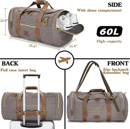 60L Travel Bags for Men, Nomad Canvas Duffle Bag Vintage Genuine Leather Travel Duffel Bag Multifunctional Weekender Overnight Backpack with Shoes Compartment (Grey, X Large-60L)