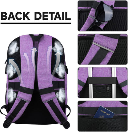 Lapsouno Extra Large Travel Backpack, Travel Laptop Backpack, Multiple Pockets 17.3 Inch Carry on Backpack with USB Port, TSA Friendly Water Resistant College School Business Bag for Women, Purple