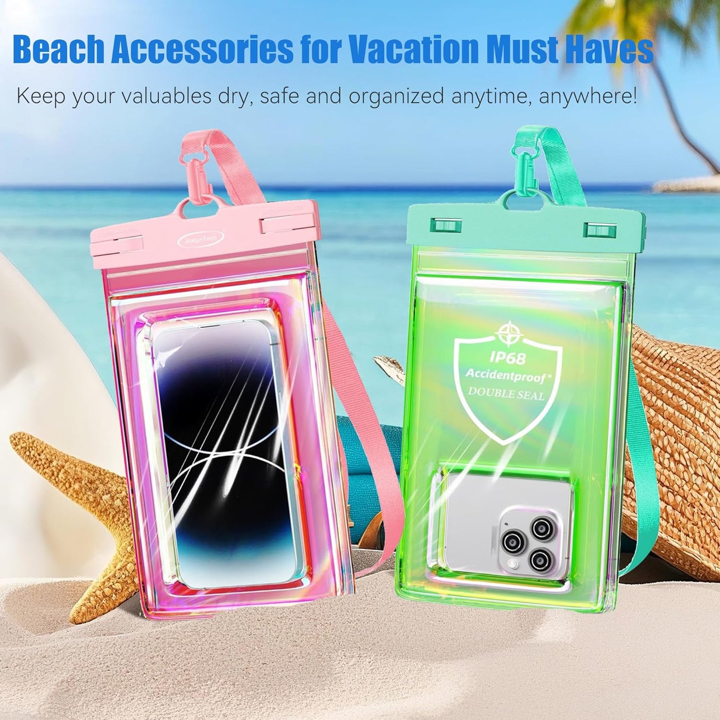 AiRunTech Waterproof Phone Pouch,Floating Waterproof Phone Case with Adjustable Lanyard,Beach,Cruise,Vacation Essentials,Summer Travel Phone Protector-2 Pack(Green + Pink)