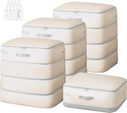 Comforter Storage Bag - 130L Large Capacity Blanket Storage Bags 4-Layer Ultra Space Saving Self Compression Organizer, Washable Compression Bags for Storage Comforter Blanket, 4-Pack, Beige