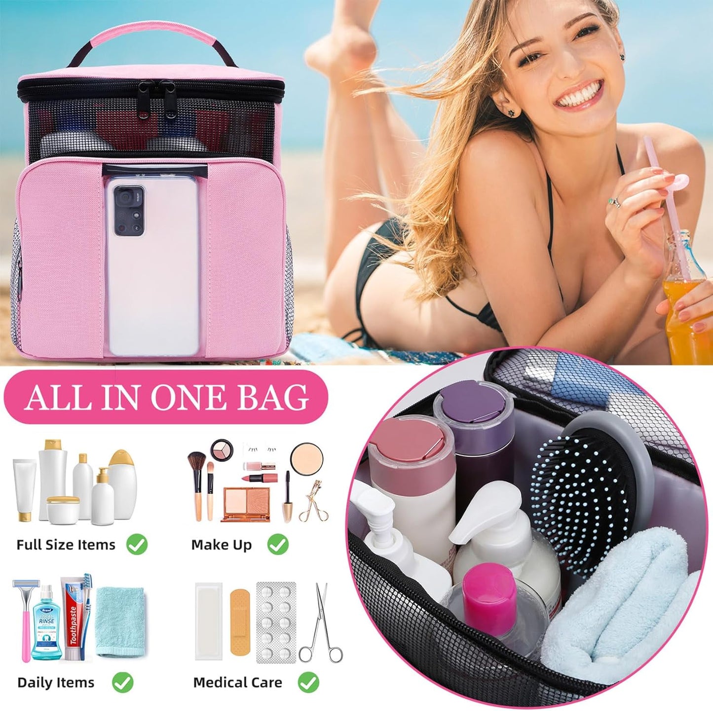 Mesh Shower Caddy,Portable HangingTravel Toiletry Bag Dorm Room Essentials for College Students Girls,Large Makeup Organizer for Full-Sized Toiletries,Travel Essentials for Women Girls Camping Beach