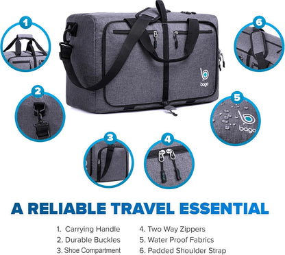 Bago Foldable Duffel Bags for Traveling Women & Men - 40L Sports Packable Duffle Bag for Travel with Shoe Compartment - Water Repellant, Heavy Duty, Lightweight Folding & Collapsible (SnowBlack)