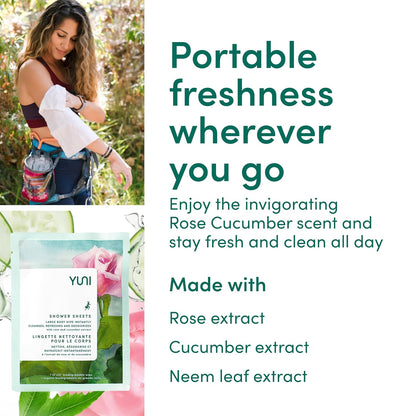 YUNI Beauty Large Body Wipes (Rose Cucumber, 12 Count) Soft Moist Showerless Wipe, Cleanse & Deodorize Waterless Travel Body Cleanser, Biodegradable Individually Wrapped Body Wipe for Camping or Gym