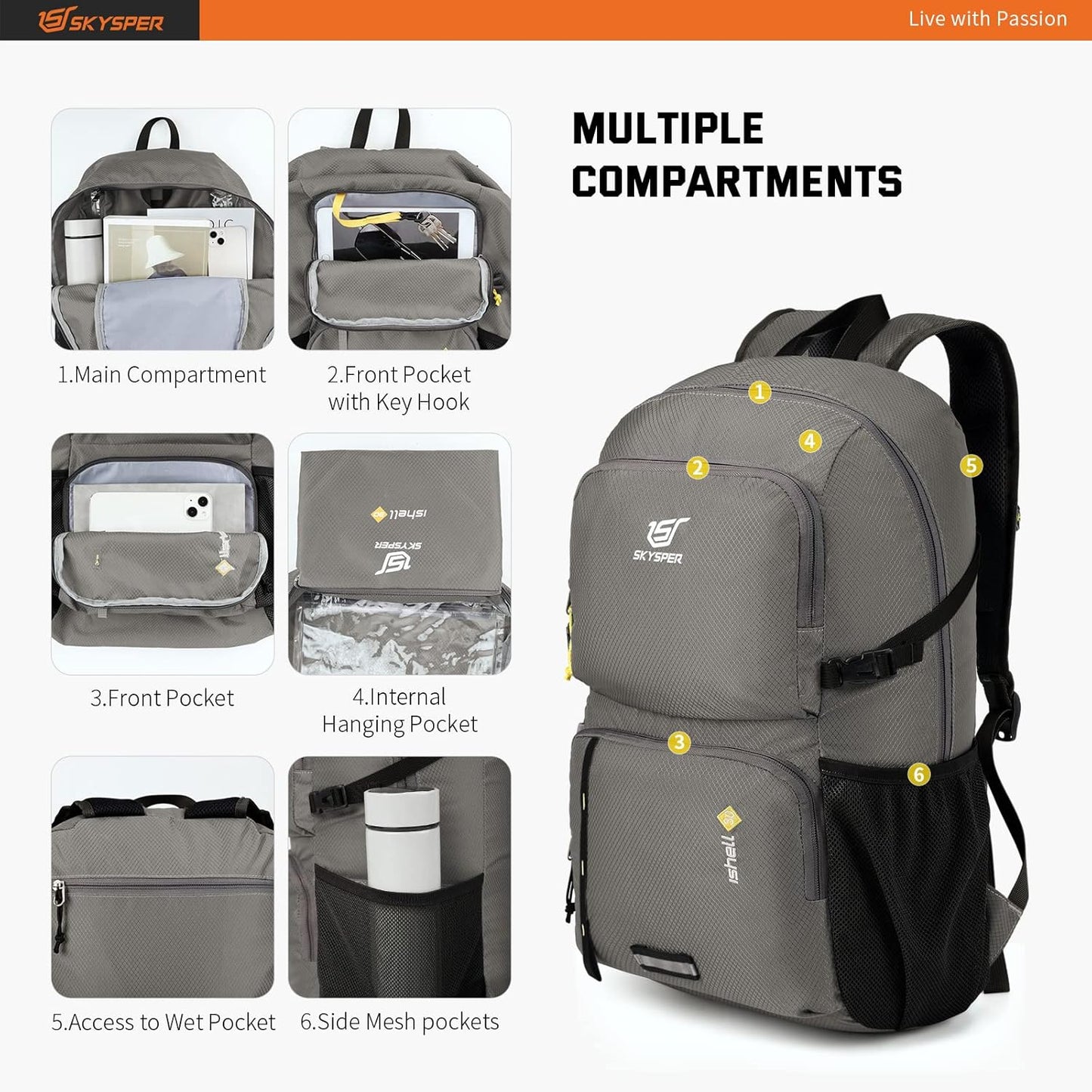 SKYSPER Lightweight Packable Backpack - 30L Hiking Daypack with Wet Pocket Foldable Travel Carry-on Backpack for Women Men
