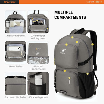 SKYSPER Lightweight Packable Backpack - 30L Hiking Daypack with Wet Pocket Foldable Travel Carry-on Backpack for Women Men