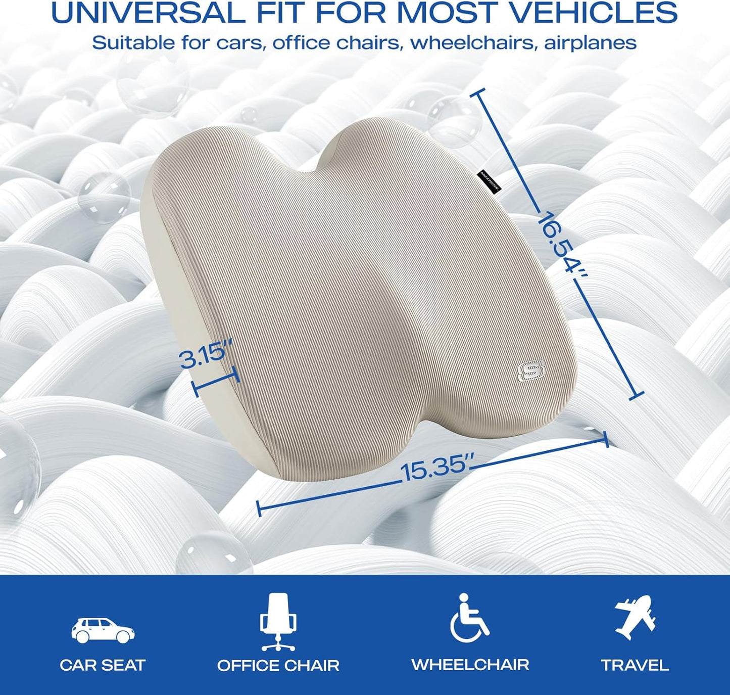 Skechers Memory Foam Seat Cushion,Ribbed Fabric Office Chair Cushion for Tailbone Pain Relief,Butt Pillow for Office Chair,Car Seat Cushion,Long Sitting Office Workers,and Car Drivers,Beige