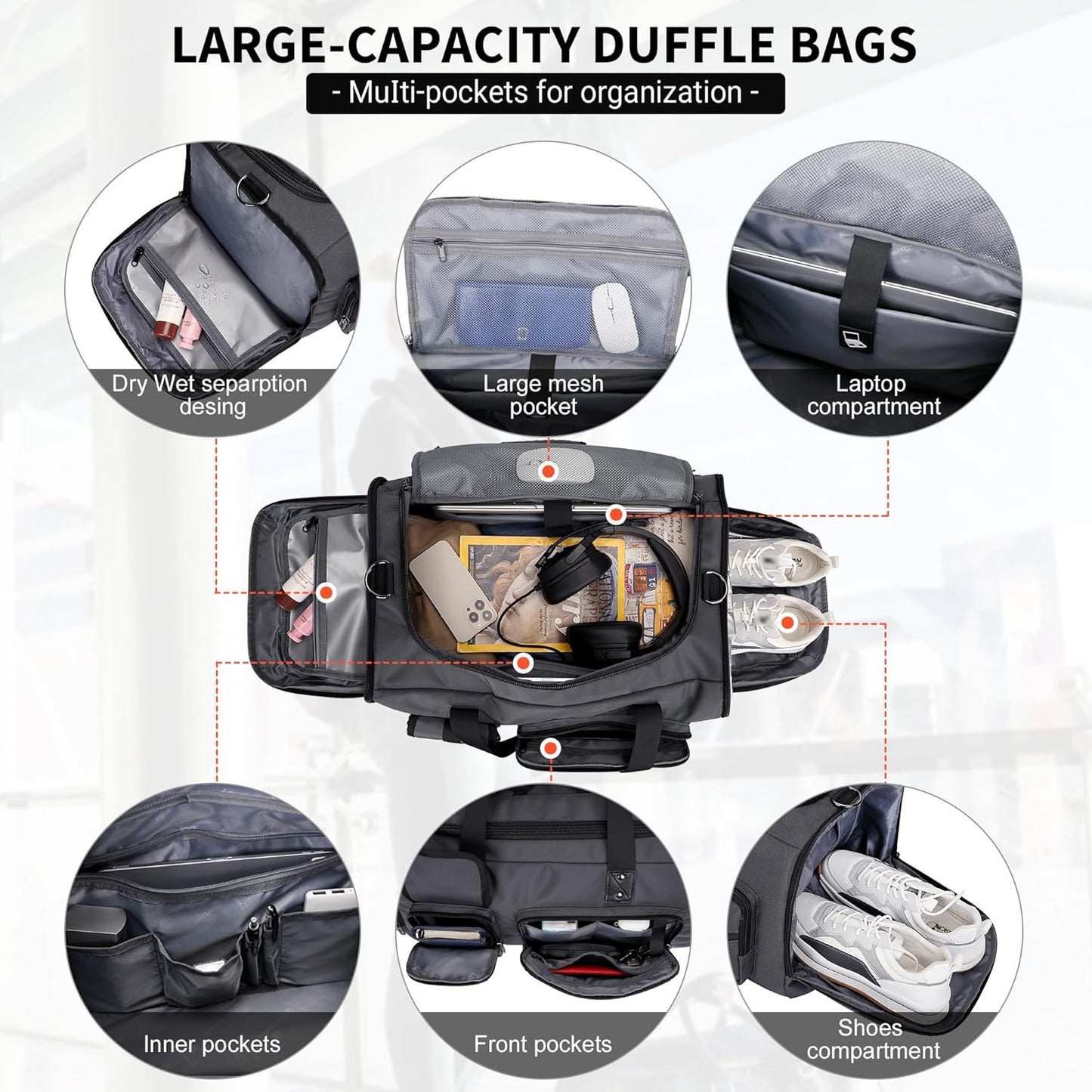 WITZMAN Travel Duffel Bags for Men Large Carry On Weekender Overnight Bag 3 in 1 Backpack with Shoe Compartment （B693 Silvery Grey)