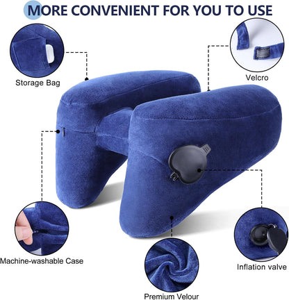 Sunany Neck Pillow for Travel Inflatable Airplane Pillow Comfortably Supports Head, Neck and Chin, Inflatable Travel Pillow with Soft Velour Cover and Portable Drawstring Bag (Blue)