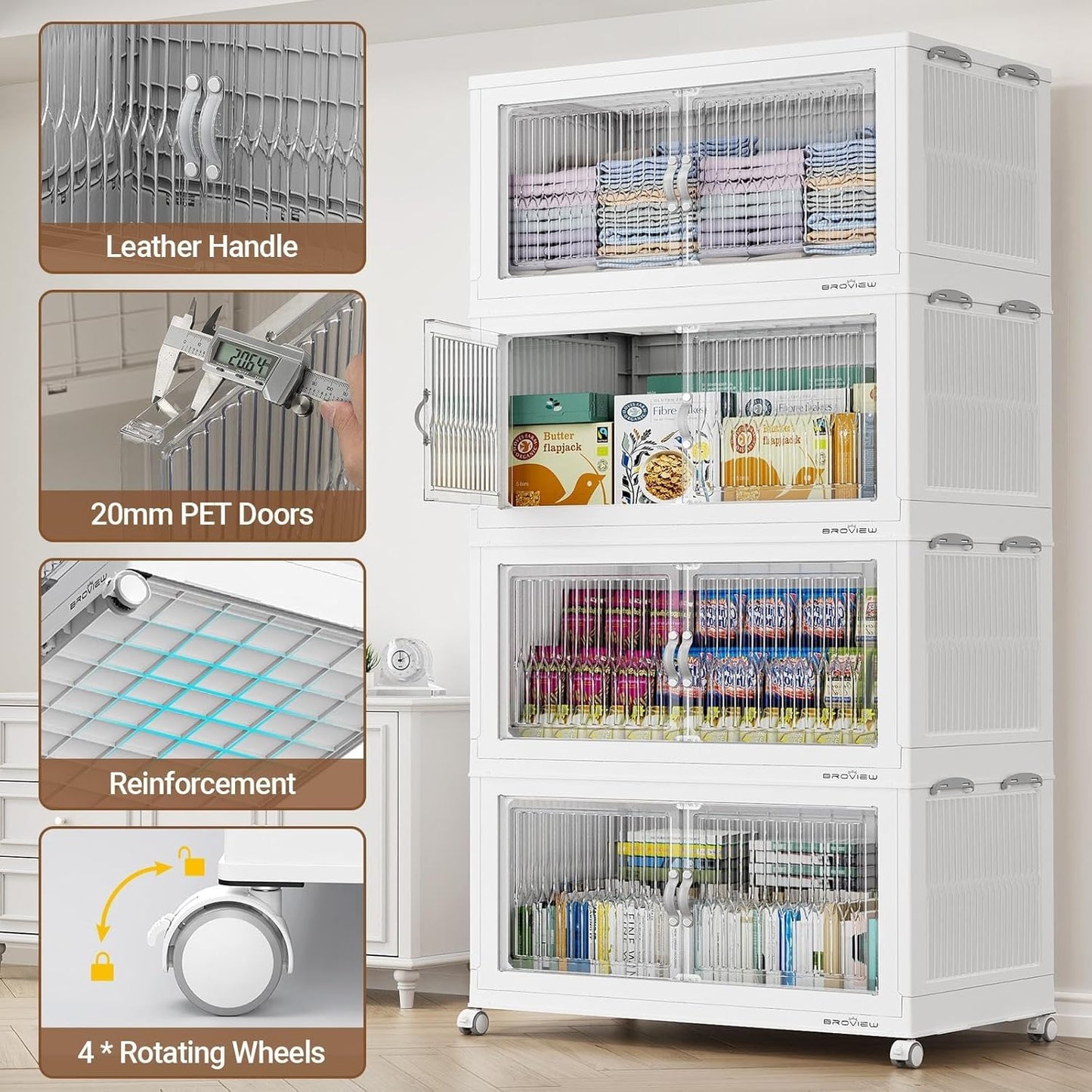 BROVIEW 600Qt Extra Large Stackable Storage Bins with Lid, Closet Organizer Collapsible Drawer Boxes with Wheels, Folding Plastic Cabinet Containers for Home Kitchen Room Organization, 3Pack White