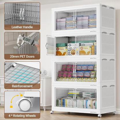 BROVIEW 600Qt Extra Large Stackable Storage Bins with Lid, Closet Organizer Collapsible Drawer Boxes with Wheels, Folding Plastic Cabinet Containers for Home Kitchen Room Organization, 3Pack White