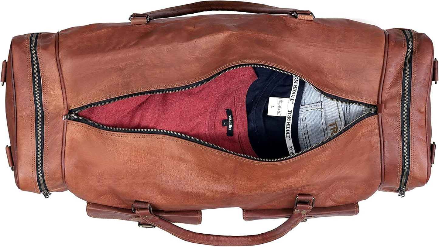 Leather Duffle Bag for Men Luggage Handmade Travel Bag Carry On Luggage Weekender Bags Overnight Gym Sports Cabin Holdall Bag For Airplanes Men And Women (30 Inch Brown)