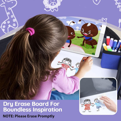 Kids Travel Tray, Kids Travel Trays for Car Seat, Road Trip Essentials for Toddler, Carseat Lap Tray with Dry Erase Board & Storage Organizer for Road Trip Activities for Kid, Blue