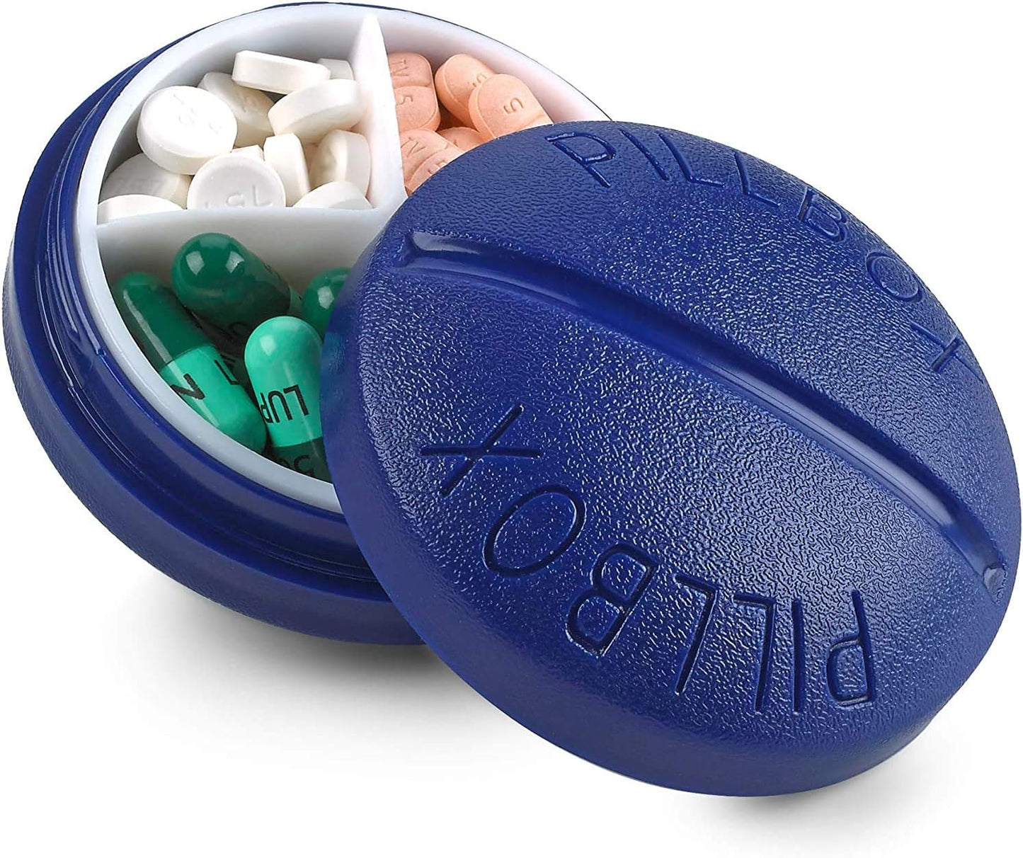 Pill Box Round for Travel - Mini Compact Portable 4 Compartment Pills Case Organizer, Vitamin and Medication Dispenser Holder for Up to 4 Times A Day, BPA Free Pill Reminder by MEDca