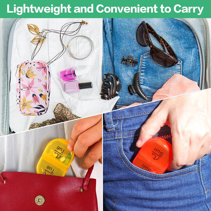 Serfeymi Weekly Travel Pill Organizer 2 Times A Day AM PM Upgraded Rainbow Pill Box 7 Day with Portable Zipper PU Leather Pill Case, Medicine Organizer for Pills, Vitamins, Fish Oils - Pink 03