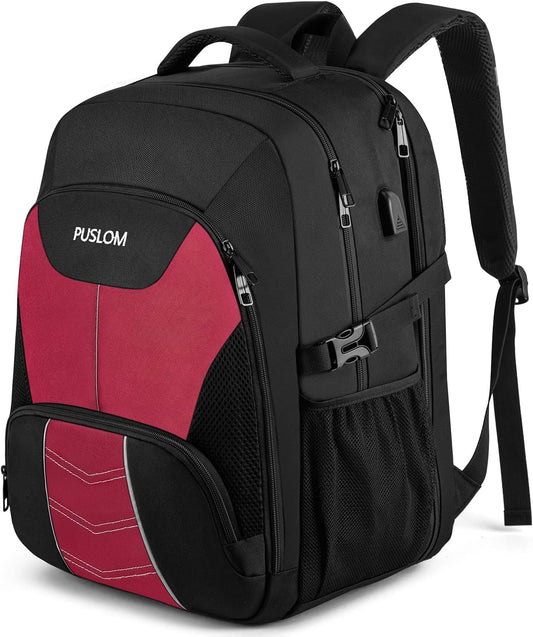 PUSLOM Extra Large Travel Laptop Backpack for Men 55L,Water Resistant 18.4 inch Big Business Laptop bags with USB Charging Port,TSA Friendly Anti Theft Computer Bag for Work College,Red