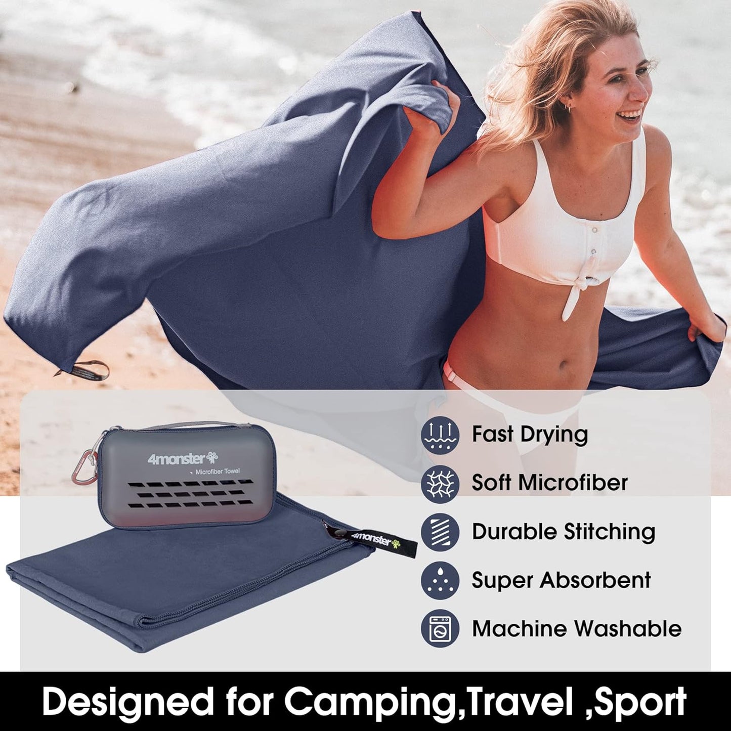 4Monster Camping Towels Super Absorbent, Fast Drying Microfiber Travel Towel, Quick Dry Ultra Soft Compact Gym Towel for Swimming Beach Hiking Yoga Travel Sports Backpack (20.00" x 12.00", Navy Blue)