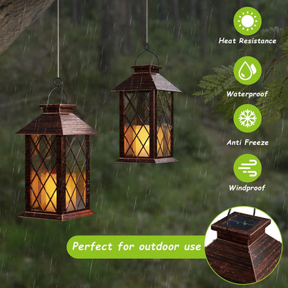 Outdoor Solar Lanterns, Waterproof Hanging Lantern with LED Flickering Flameless Candle, 13'' Bronze Outdoor Solar Powered Lantern Decor for Porch Patio Garden Balcony Pathway, 1 Pack