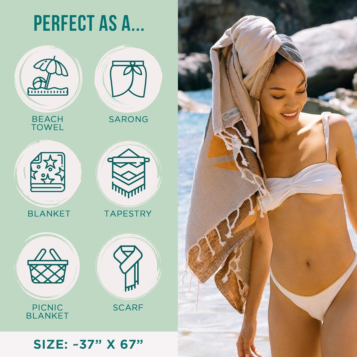 Sand Cloud Turkish Beach Towel - Sand Free - 100% Organic Turkish Cotton Yarn - Quick Dry Towel for Beach, Picnic, Blanket or Bath - As Seen on Shark Tank - Marine Life (Tux Penguin)