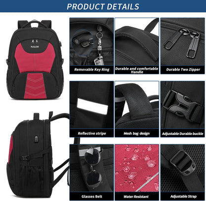 PUSLOM Extra Large Travel Laptop Backpack for Men 55L,Water Resistant 18.4 inch Big Business Laptop bags with USB Charging Port,TSA Friendly Anti Theft Computer Bag for Work College,Red