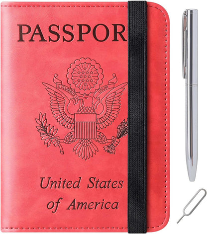 Passport Holder Cover Wallet Travel Essentials Leather Rfid Blocking Case Vacation Luggage Must Haves Travel Accessories for Men Women (116#Red)