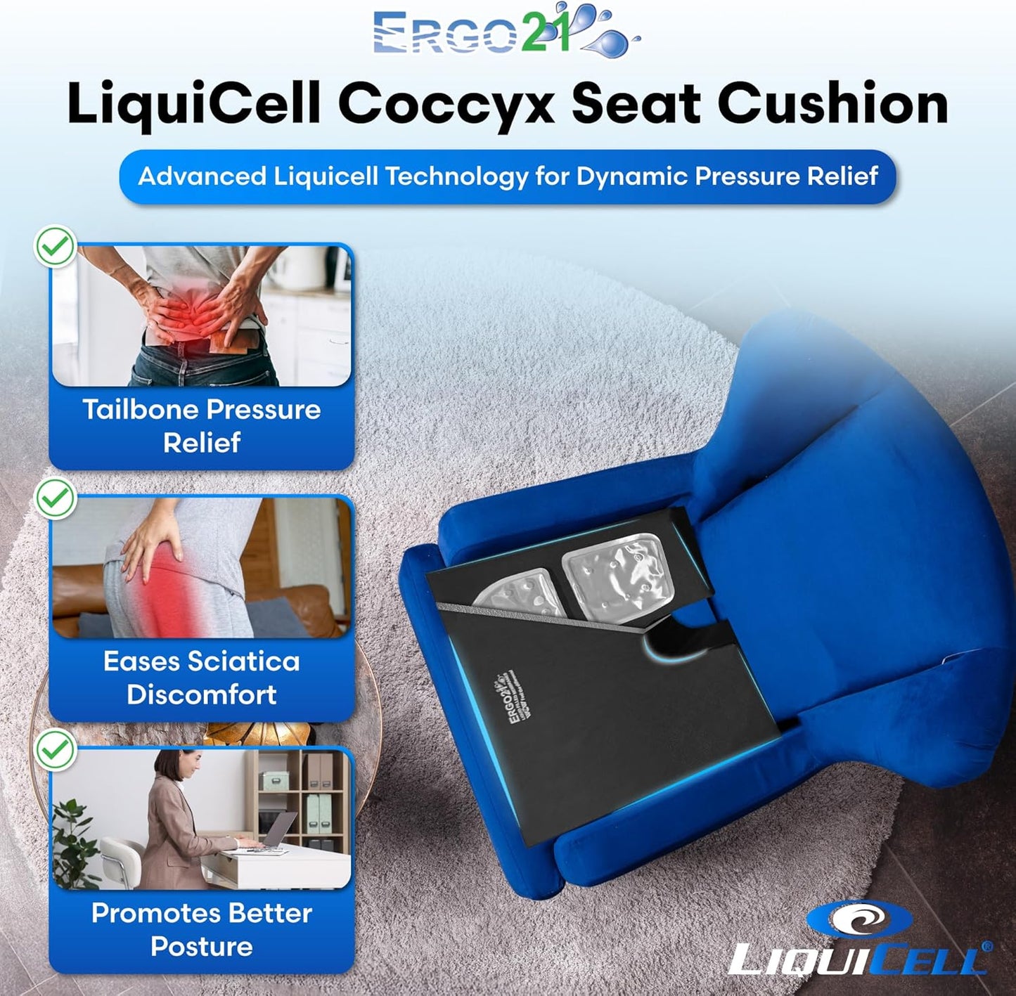 LiquiCell Coccyx Seat Cushion, Aid for Tailbone Pain Relief, Sciatica Pain, Back Support | Donut Like Butt Pillow for Long Hours Sitting at Home/Office Chair (20" W x 18" L x 2.5" H)