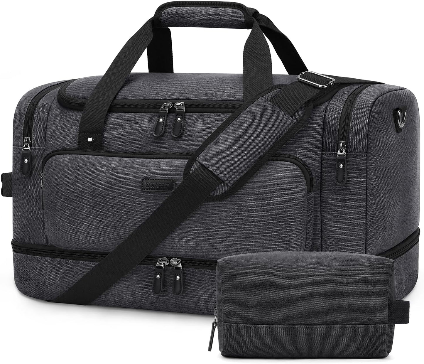 ZOMFELT Duffle Bag for travel, 40L Canvas Travel Duffel Bags for Men Women, Water Resistant Overnight Weekender Bag with Toiletry Bag & Shoe Compartment, Carry on Luggage Bag for Travel, Gym, Black