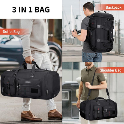 WITZMAN Travel Duffel Bags for Men Large Carry On Weekender Overnight Bag 3 in 1 Backpack with Shoe Compartment （B693 Black）