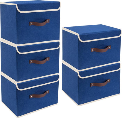 TYEERS Foldable Storage Boxes with Lids 5 Pack Fabric Storage Bins with Lids, Closet Organizers for Clothes Storage, Room Organization, Office Storage, Toys - Classic Blue