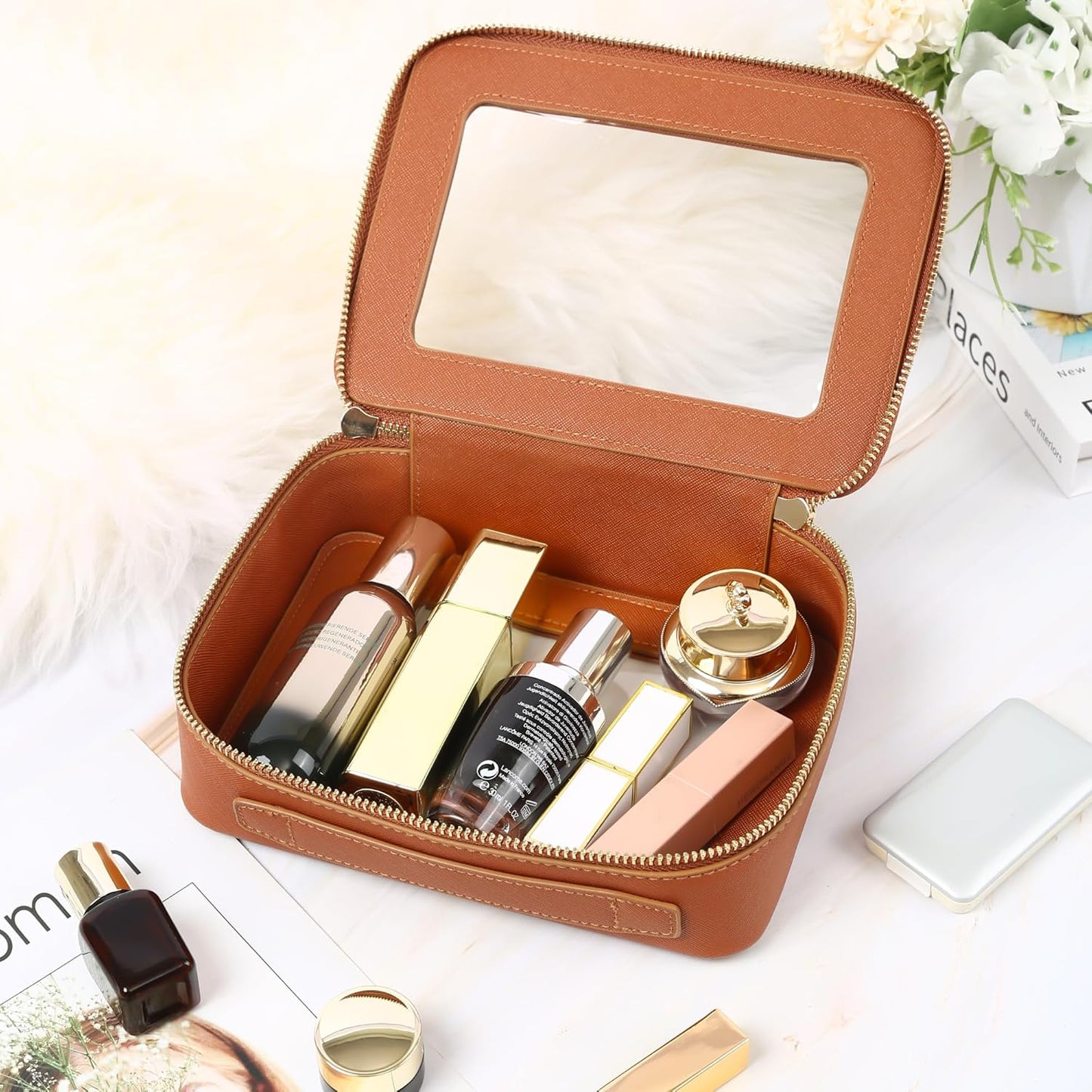 Aveniee Clear Makeup Bag, Travel Toiletry Case Car Accessories Organizer for Women, Heavy Duty Clear Pouch with Dual Zippers(Brown)