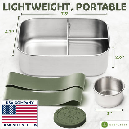 Everusely - Bento Box - Sage, 37oz / 1.1 L - Stainless Steel Lunch Box with Leakproof Condiment Container - 3 Compartment Snack Organizer for On the Go Meals - Freezer & Dishwasher Safe