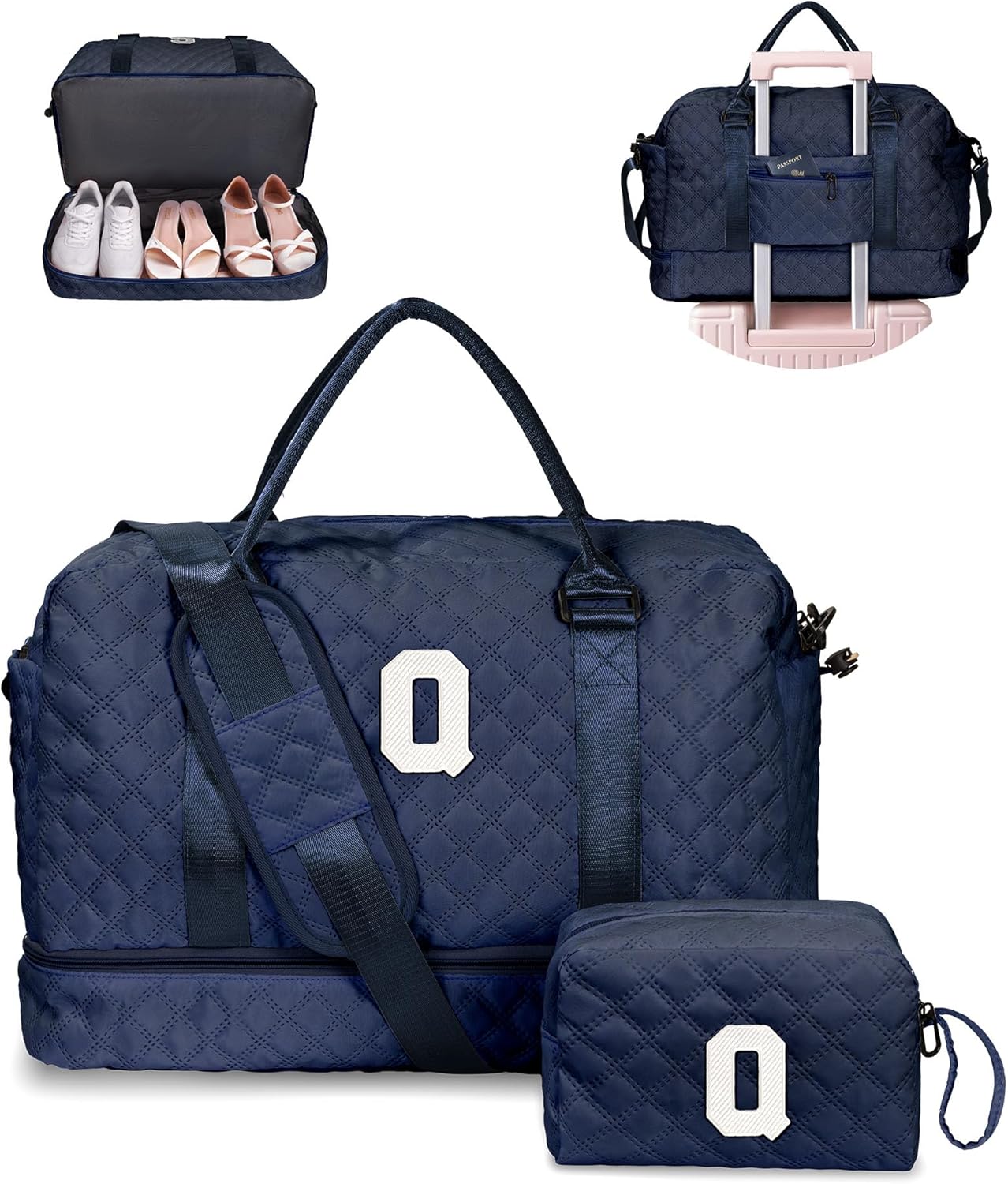 Bags for Women College Gifts-Initial Duffle Bag with Shoe Compartment, Weekender Bag, Monogram Overnight Bag, Letter Travel Bag with Makeup Bag, Bachelorette Gifts for Bride (Letter Q)
