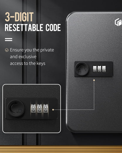 Uniclife 20 Position Key Cabinet with Combination Lock Resettable Black Digital Security Storage Box Steel Key Organizer with Colorful Key Tag Labels Stickers and Hooks