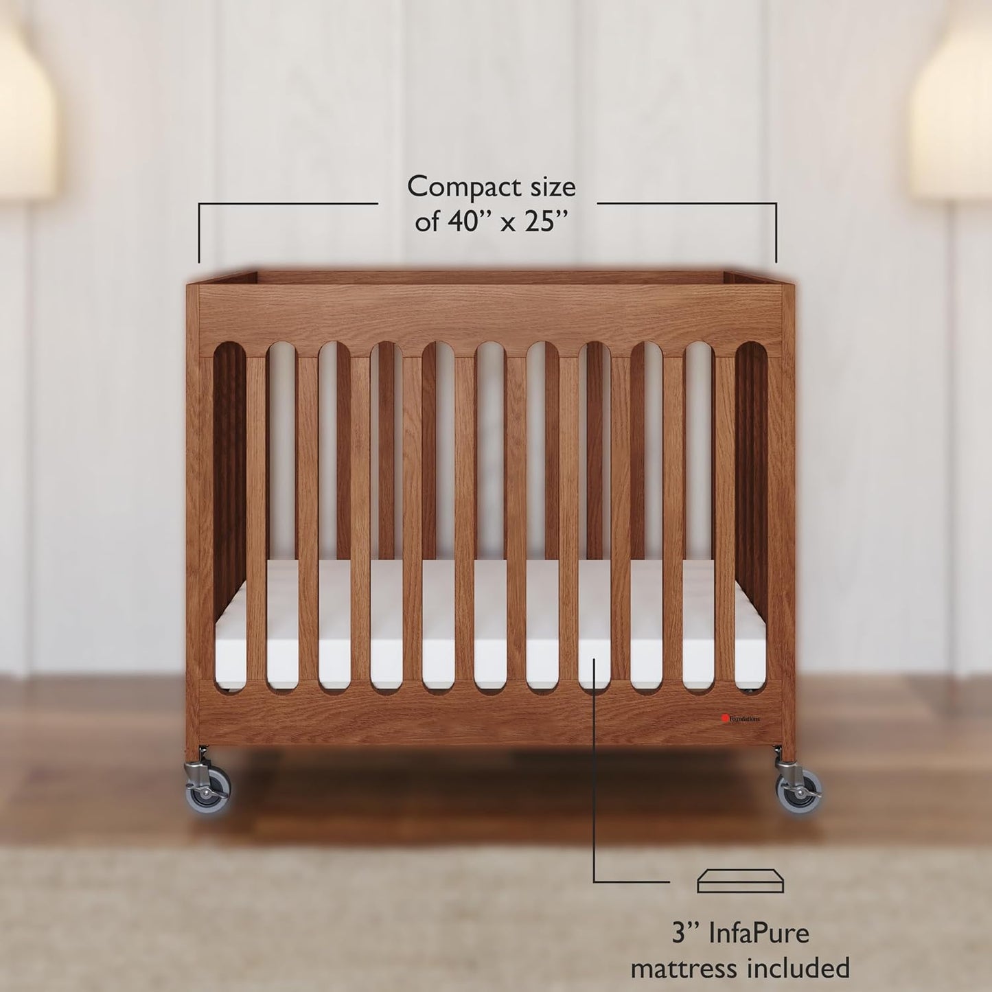 Foundations Boutique Folding Hotel Crib and Sheet Bundle - Includes Wooden Mini Crib with 3" Foam Mattress (Cherry) and 6-Pack White Fitted Compact Sheets
